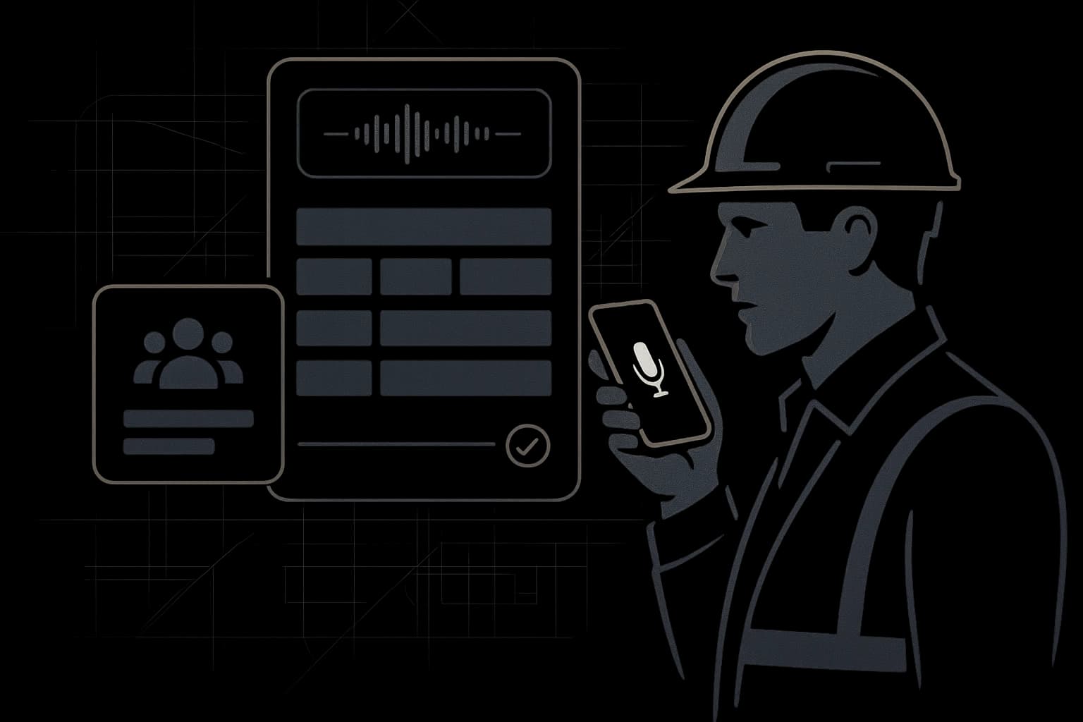 Voice-first field timesheet capture concept with foreman review.
