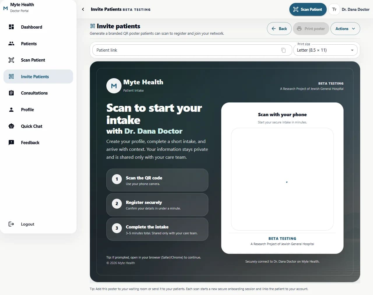 Healthcare intake workspace with patient context and questionnaire path.