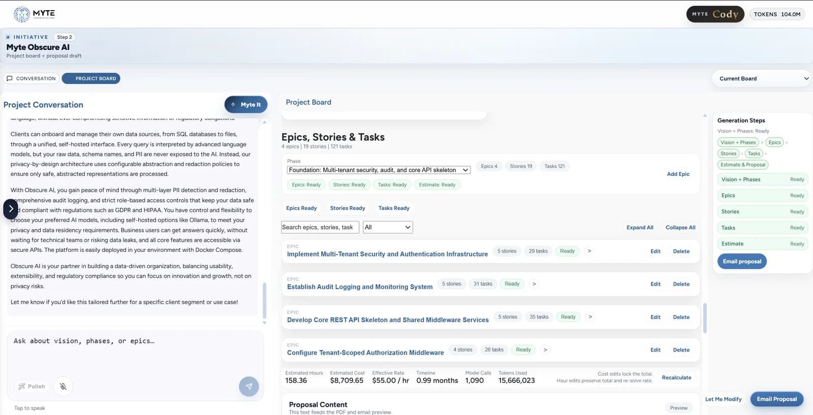 Myte Cody delivery workspace with mission and roadmap context.