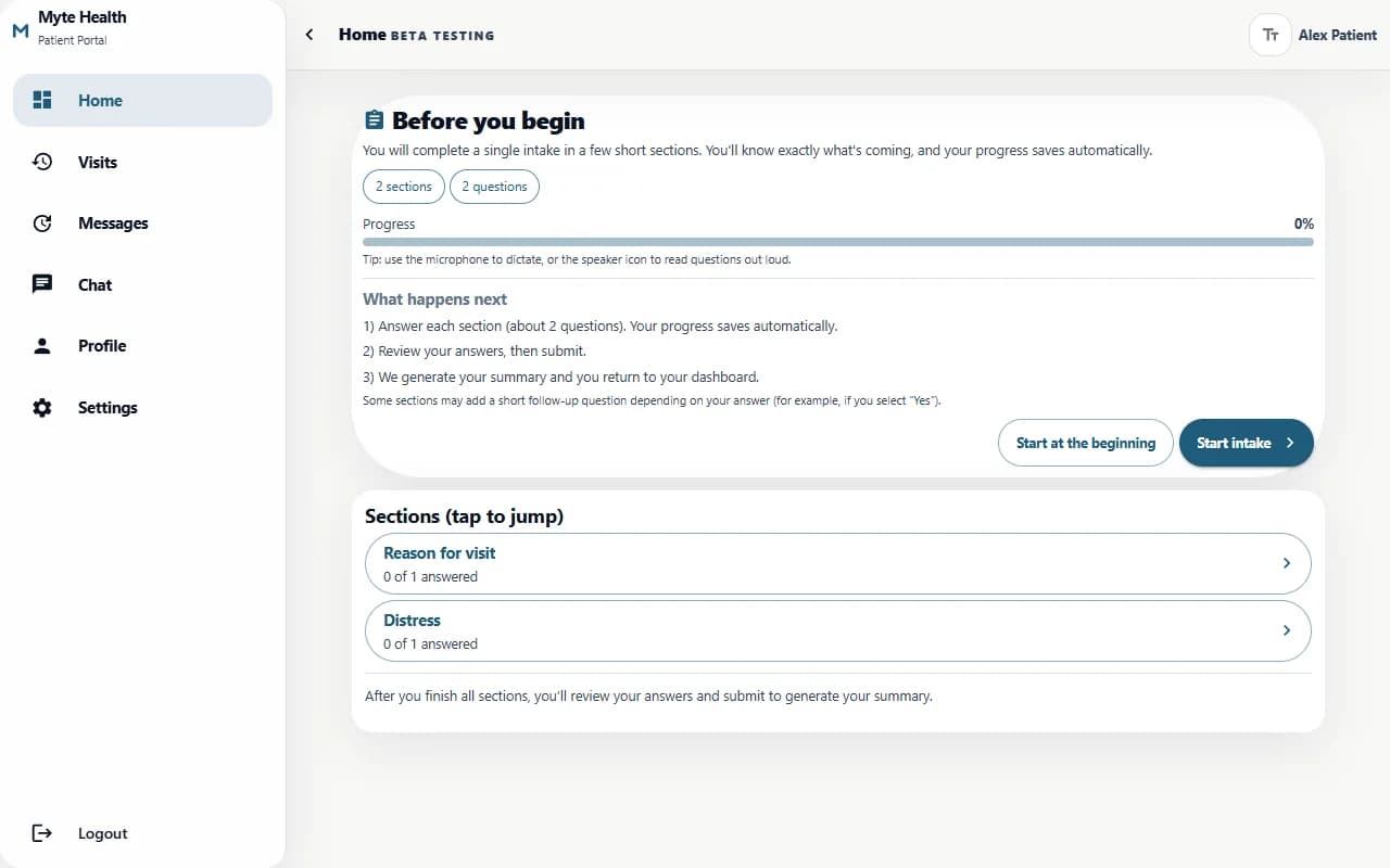 Healthcare patient workflow with mobile intake and structured records.