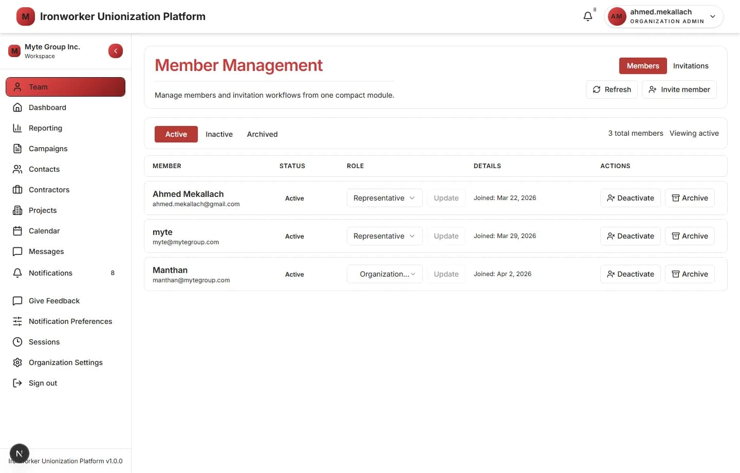 Organizer operating workspace with action status and records.