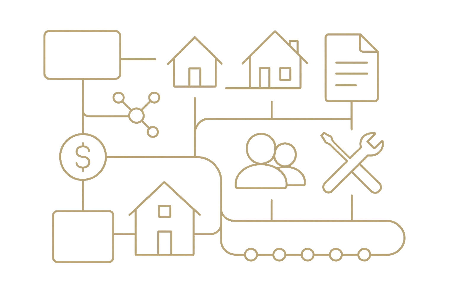 Visuel sombre et or d’un système immobilier pour admission acheteur vendeur, opérations immobilières, documents, paiements et CRM agent possédé